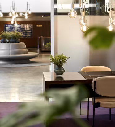 Moderne hotellobby med et skrivebord i tre og en beige stol i forgrunnen. En liten grønn plante står på skrivebordet. Hengende lyspærer gir varme. I bakgrunnen er en sirkulær sittegruppe og et katalogskilt synlig. Grønne blader i forgrunnen.